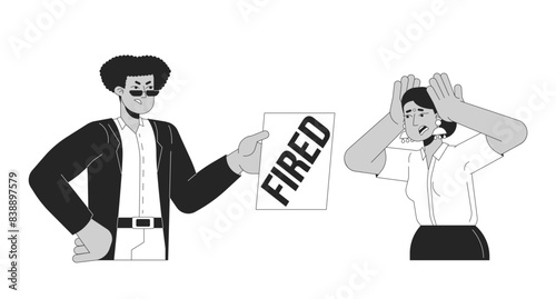 Getting fired black and white cartoon flat illustration. Losing job. Hispanic male boss dismissing hindu woman 2D lineart characters isolated. Unemployment monochrome scene vector outline image