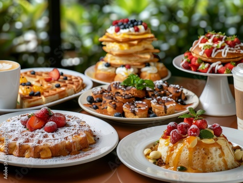 A table filled with breakfast foods, including eggs, croissants, coffee, and orange juice.