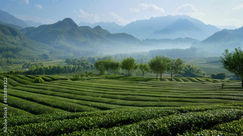 Obraz premium Chinese tea field background illustration generated by ai