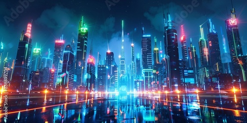 Futuristic Cityscape with Green and Blue Neon lights. © Coosh448