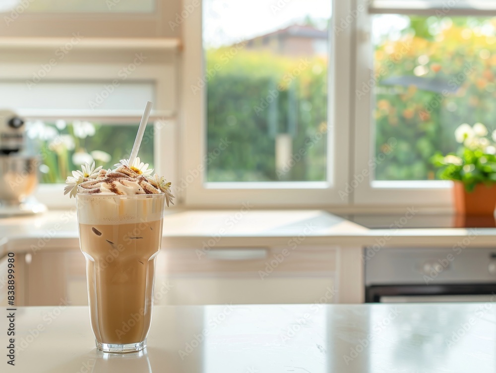 A professional photo of a cold drink being served on a cute cup on top of a kitchen counter. A professional photo of a cold drink being served on a cute cup on top of a kitchen counter.