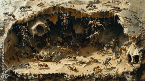 A cross-sectional illustration of a slave-making ant nest, showing the complex structure and the different types of ants within photo