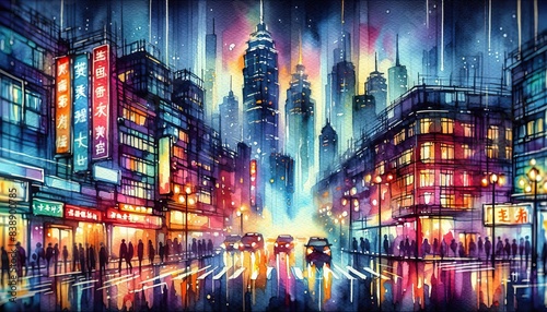 Watercolor cityscape with neon lights and wet street at night in urban setting