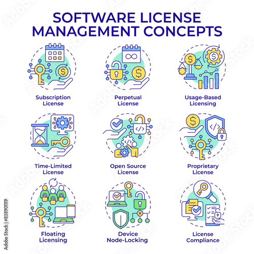 Software license management multi color concept icons. Device tracking, access control. Icon pack. Vector images. Round shape illustrations for infographic, presentation. Abstract idea