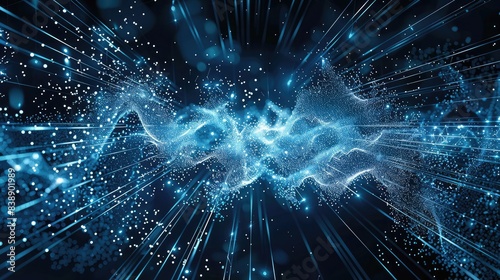 Abstract digital technology, futuristic light pattern background, glowing blue particles, dynamic energy waves photo