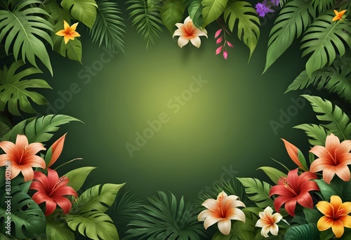 a green background with tropical leaves and flowers