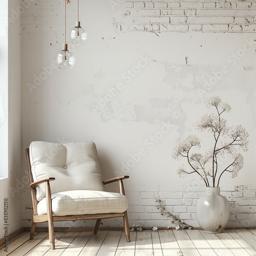Minimalist interior with a cozy armchair, hanging lights, and a floral arrangement in a white vase against a textured wall.