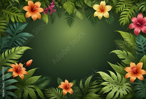 a green background with tropical leaves and flowers