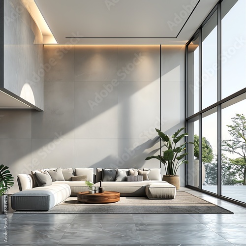 Modern minimalist living room with large floor-to-ceiling windows, natural light, cozy sofa, and indoor plants, perfect for a serene home setting.