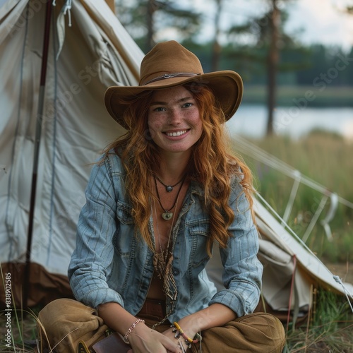 Serene Cowgirl by the Lake - Ultra Realistic Portrait of Red-Haired Woman in Cowboy Hat Relaxing near Canvas Tent in Nature Setting