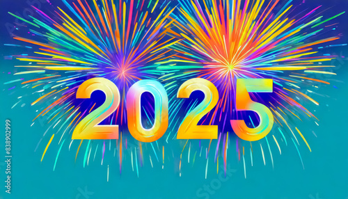 2025 with colorful fireworks illustration on blue backdrop, New Years greeting