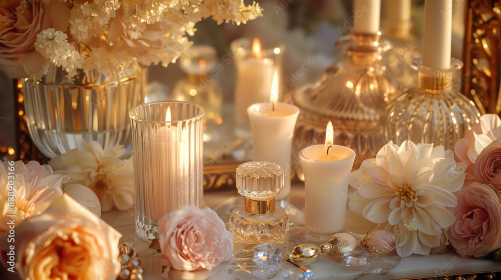 Elegant vanity table with makeup products and flowers. Elegant vanity table with makeup products and flowers.
