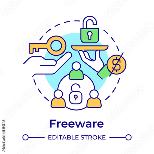 Freeware multi color concept icon. Customer service, usage tracking. Software licensing. Round shape line illustration. Abstract idea. Graphic design. Easy to use in infographic, presentation