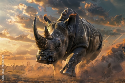a rhino running in the sunset