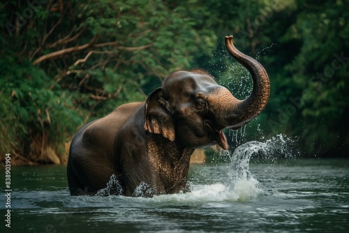 An elephant swims in a river in the jungle © Sergei