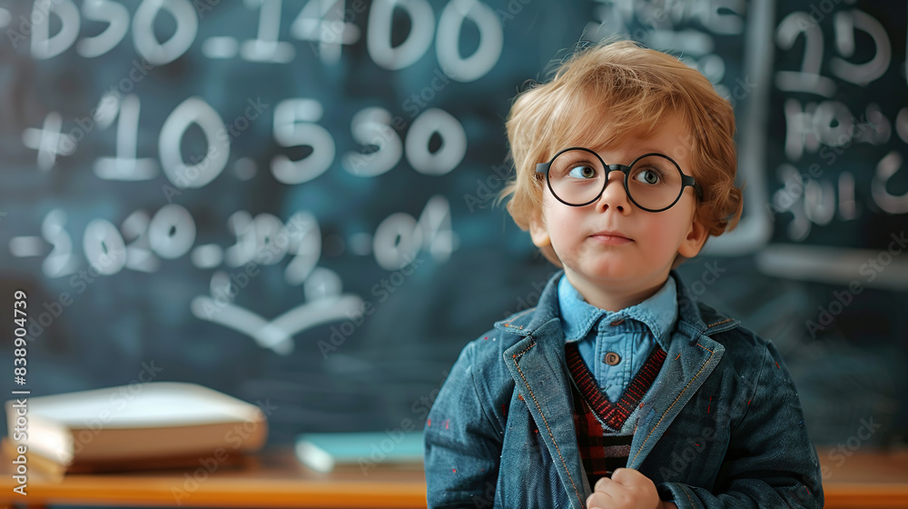 A cute little boy with glasses stands in front of the blackboard A cute little boy with glasses stands in front of the blackboard