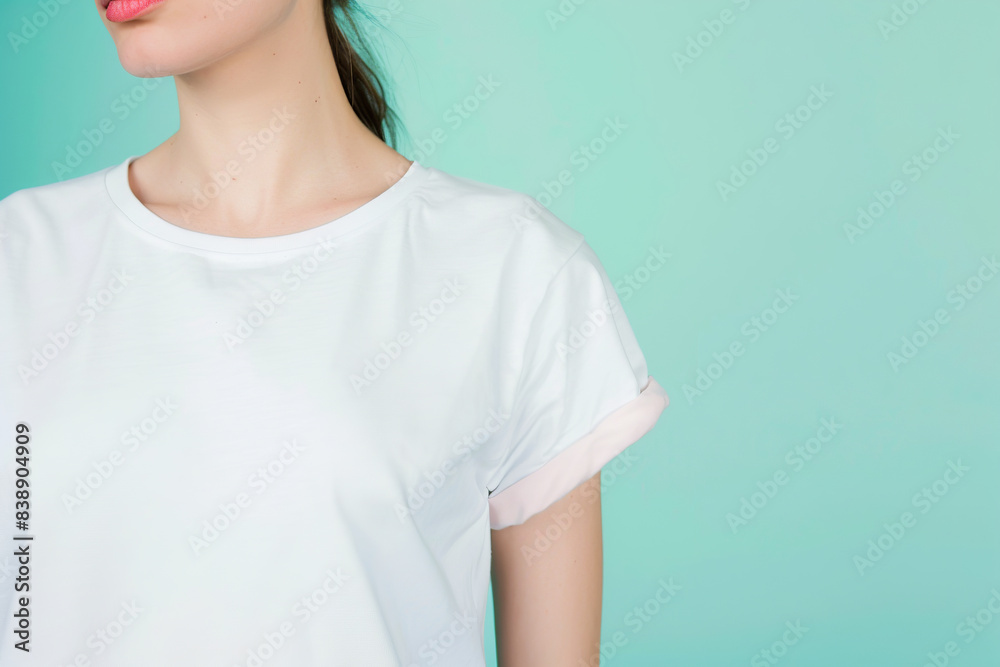 Obraz premium white tshirt mockup on a woman against blue background, copy space