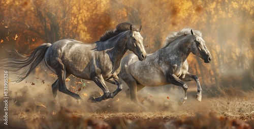 two horses running in the autumn forest