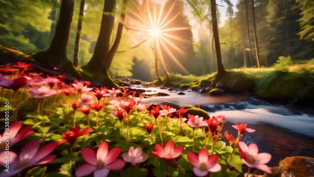 Bright red wildflowers bloom on the mossy bank of a rushing forest stream, illuminated by the warm rays of the morning sun. The scene evokes a sense of peace and tranquility in nature. Bright red wildflowers bloom on the mossy bank of a rushing forest stream, illuminated by the warm rays of the morning sun. The scene evokes a sense of peace and tranquility in nature.