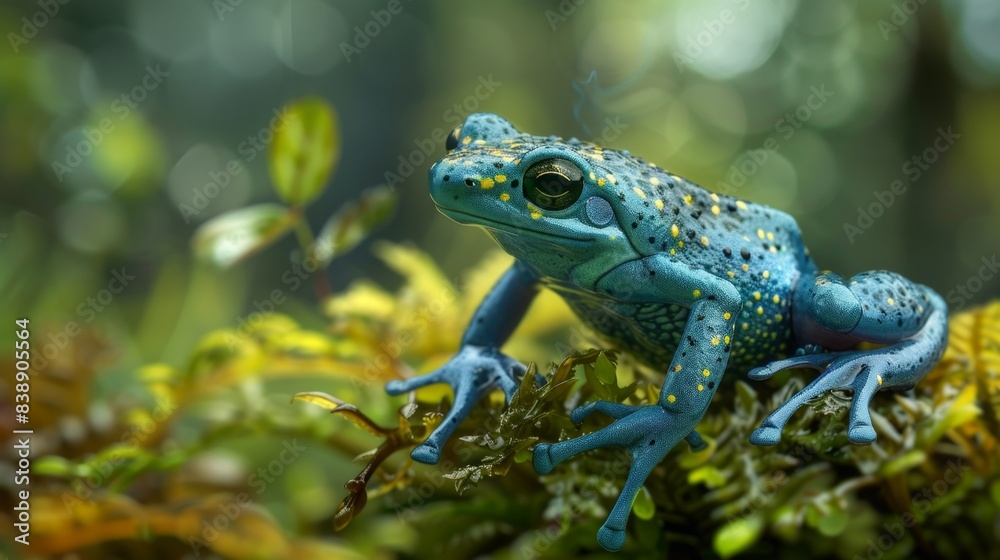 Fototapeta premium Vibrant blue frog with spots sitting on a mossy log in a lush rainforest environment, showcasing stunning natural beauty and detail.