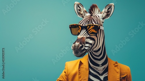 Modern zebra in fashionable trendy outfit with hipster glasses and business suit. Creative animal concept banner. color background banner with copyspace