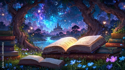 The book opens to a magical land with portals, forests and mysterious creatures