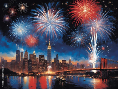 Colorful fireworks are released over a city skyline. Independence Day concept