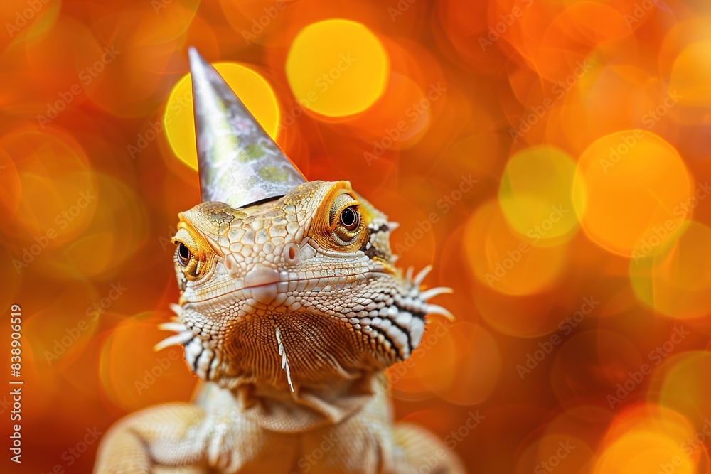 closeup portrait of happy lizard in a party hat on a orange bokeh background. Birthday party of celebration concept closeup portrait of happy lizard in a party hat on a orange bokeh background. Birthday party of celebration concept