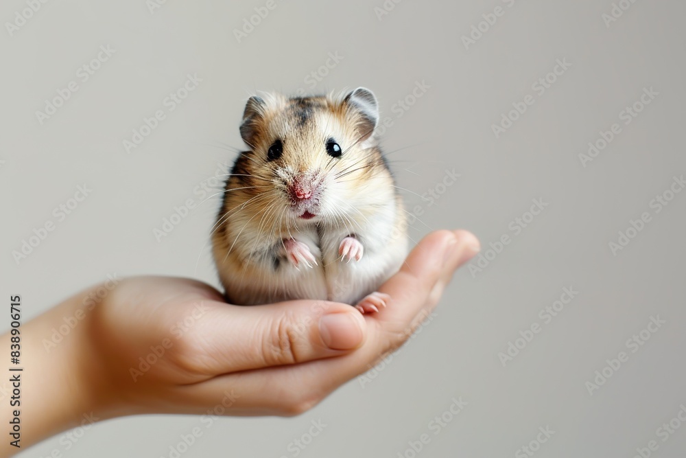 adorable small fluffy hamster sitting in hand on palm on grey background adorable small fluffy hamster sitting in hand on palm on grey background