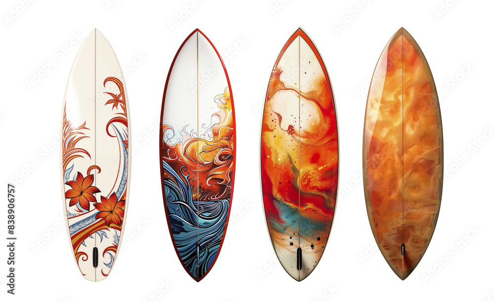 Set of four bright surfboard