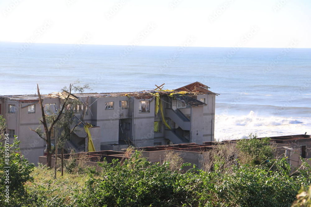 Durban, KwaZulu Natal, South Africa - June 4 2024: Tornado damage to houses in Desainager and Seatides on KwaZulu Natal north coast Durban, KwaZulu Natal, South Africa - June 4 2024: Tornado damage to houses in Desainager and Seatides on KwaZulu Natal north coast