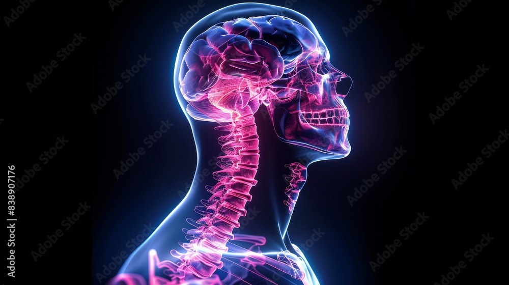 Digital composite of the spine highlights a person with neck pain. Digital composite of the spine highlights a person with neck pain.