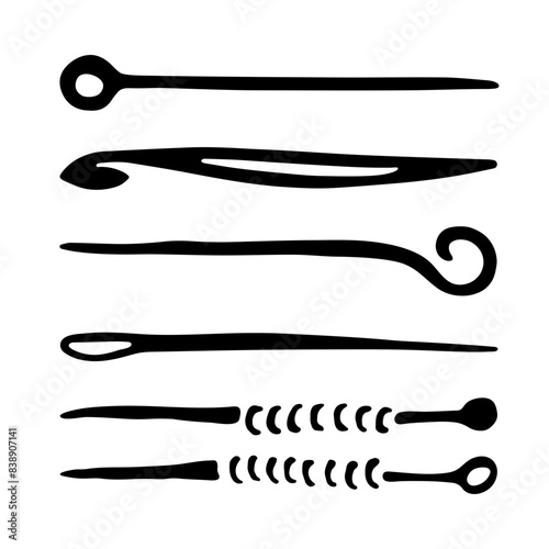 Needles, knitting needles and pins. Tailor tools set. Black and white icons. Hand drawn logo collection. Vector illustration