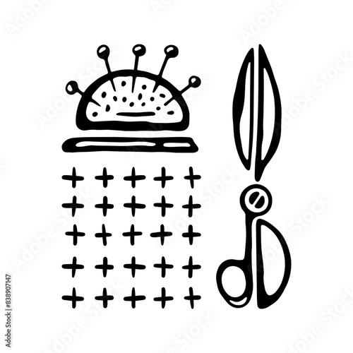 Tailor scissors, buttons, pins and needles. Doodle tailor set. Black and white  icons. Hand drawn logo collection. Vector illustration