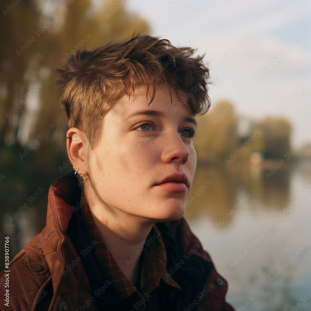 Intimate portrait of a non-binary individual in a serene setting Intimate portrait of a non-binary individual in a serene setting