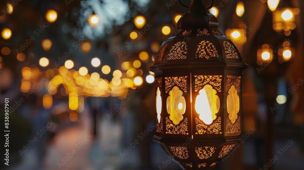 Fototapeta premium Islamic latern. Eid Al Adha, Ramadhan holidays background illustration generated by ai