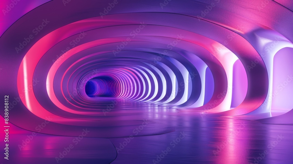 Futuristic tunnel with vibrant purple and pink lighting, showcasing modern architecture and a sense of depth and infinity. Futuristic tunnel with vibrant purple and pink lighting, showcasing modern architecture and a sense of depth and infinity.