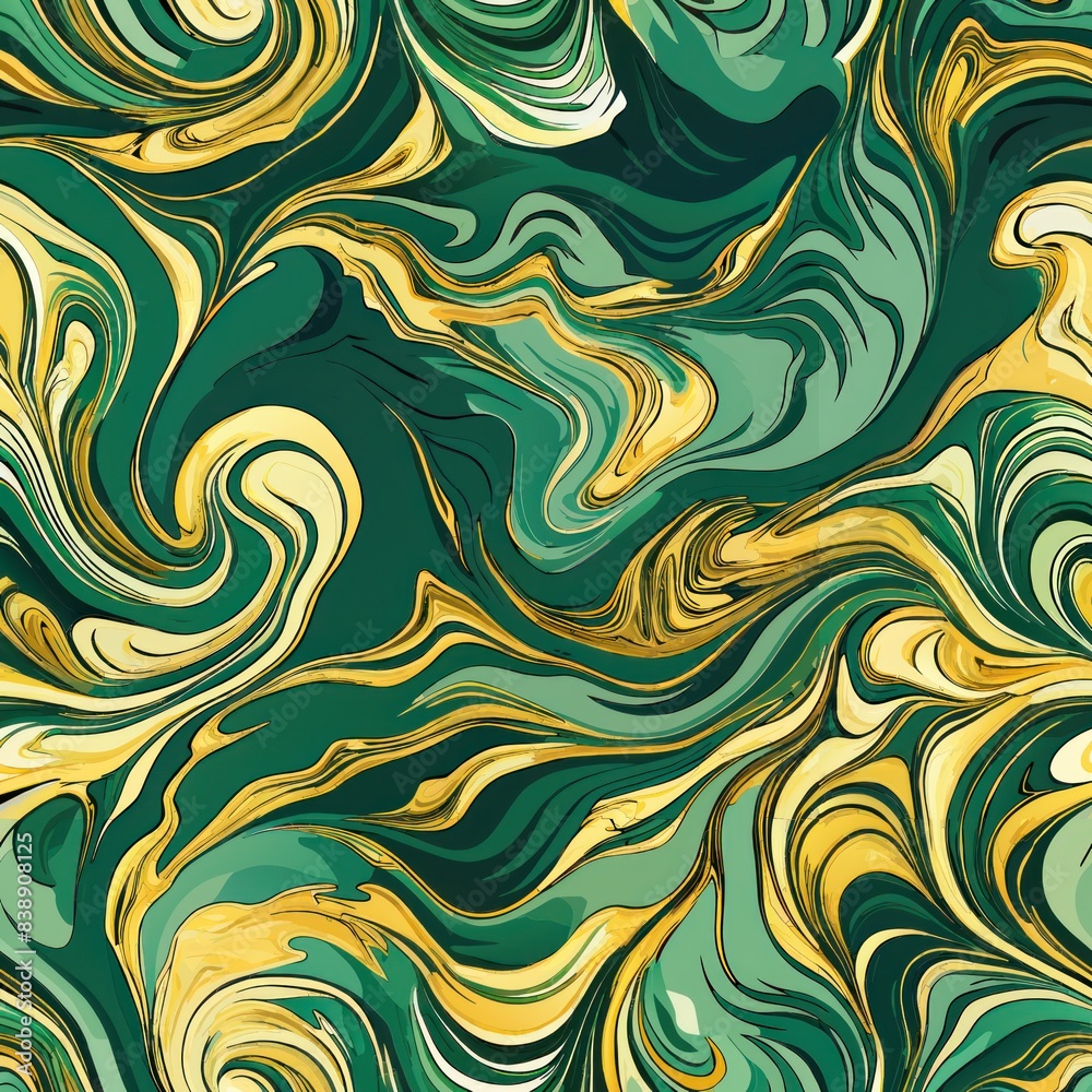 Seamless pattern of abstract marble swirls in shades of green and gold for a luxurious feel, Generative AI Seamless pattern of abstract marble swirls in shades of green and gold for a luxurious feel, Generative AI