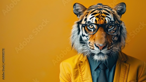 Modern tiger in fashionable trendy outfit with hipster glasses and business suit. Creative animal concept banner. color background banner with copyspace