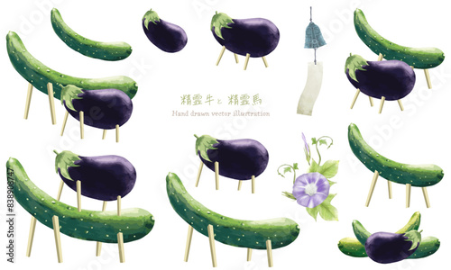 精霊牛と精霊馬のイラスト素材セット