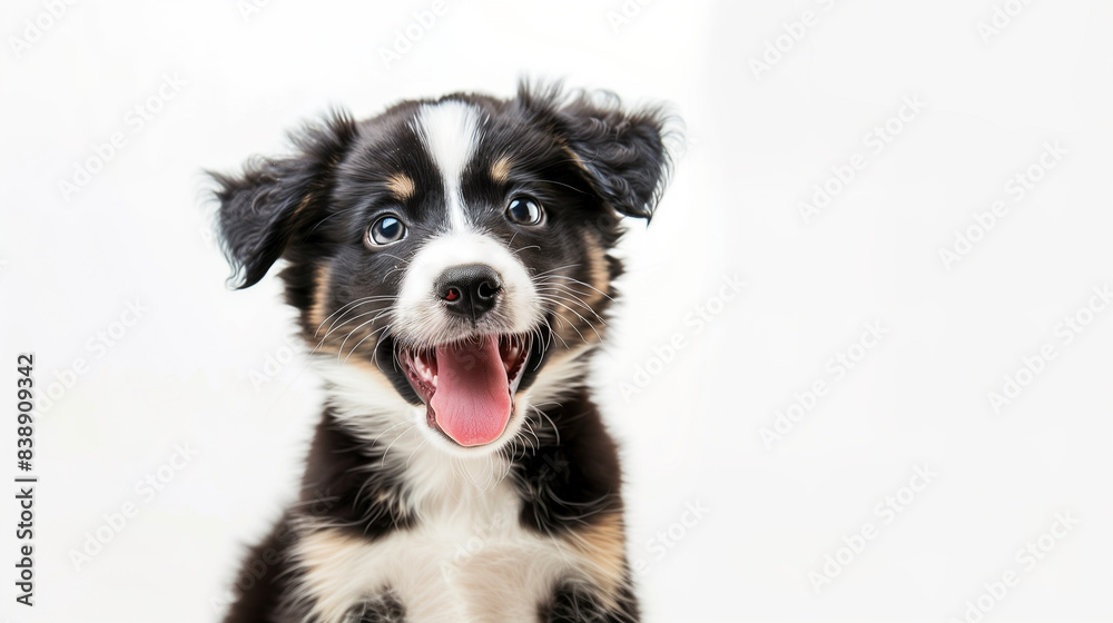 Portrait of a cute and happy puppy dog filled with joy in a studio with a white background for an animal or pets collection with copyspace Portrait of a cute and happy puppy dog filled with joy in a studio with a white background for an animal or pets collection with copyspace