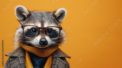 Modern racoon in fashionable trendy outfit with hipster glasses and business suit. Creative animal concept banner. color background banner with copyspace photo