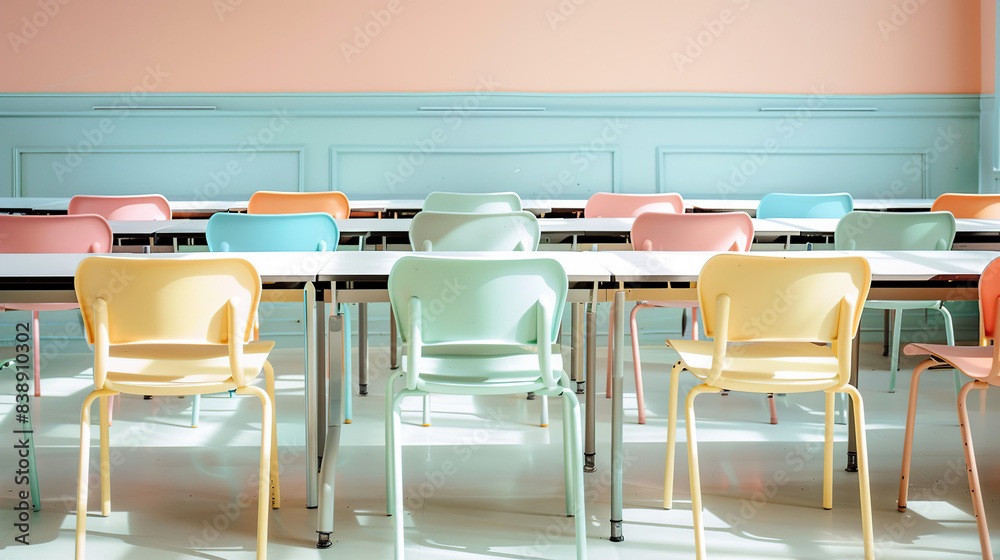 Close up of empty chairs and desks in the classroom, Close up of empty chairs and desks in the classroom,