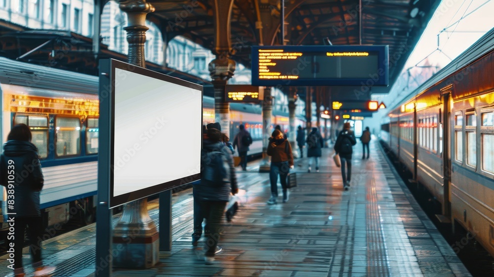 A bustling train station platform with commuters, trains, and an empty advertising billboard ready for your message. The station is lively and busy. A bustling train station platform with commuters, trains, and an empty advertising billboard ready for your message. The station is lively and busy.