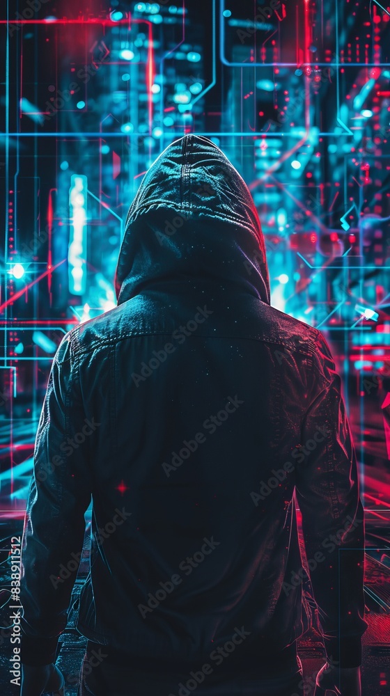 Photo of a hacker with hood in a futuristic background Photo of a hacker with hood in a futuristic background