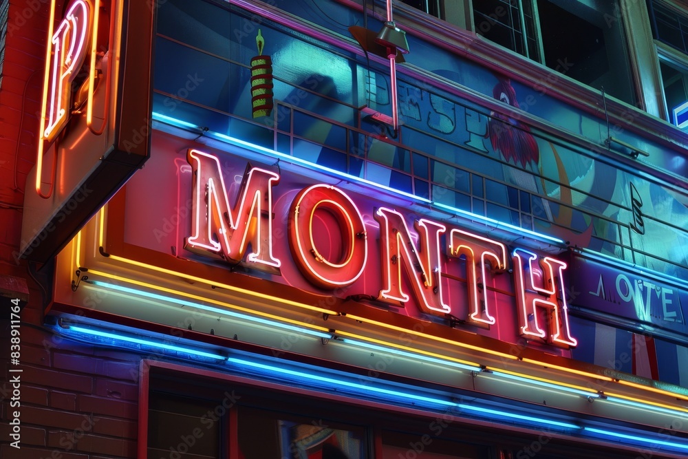 Fototapeta premium Multicolored Neon Pride Month Sign on Historic Building Facade Celebrating LGBTQ+ Community with Festive Urban Lights at Night