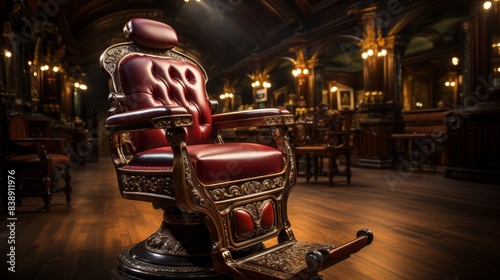 Vintage barber chair in classic barber s shop setting for traditional grooming experience photo