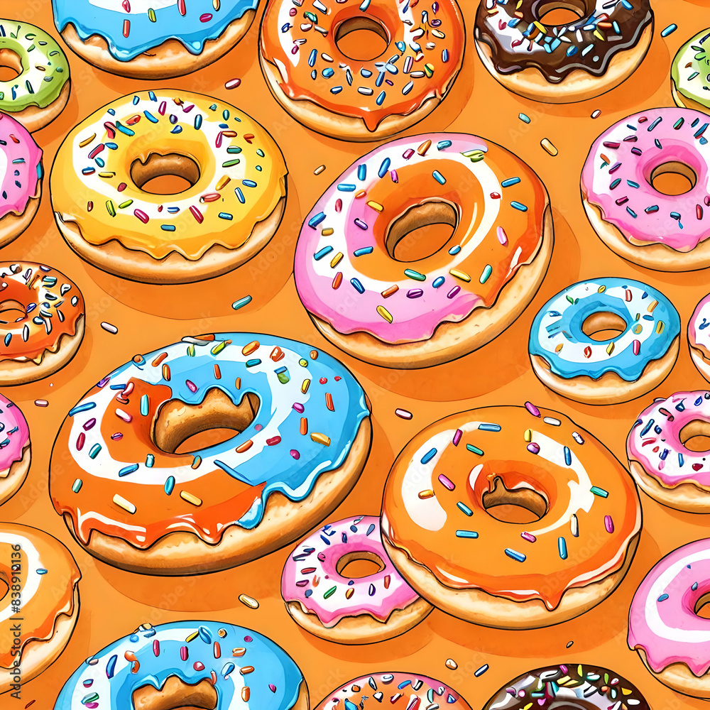 Vibrant donuts with sprinkles on an orange background Vibrant donuts with sprinkles on an orange background