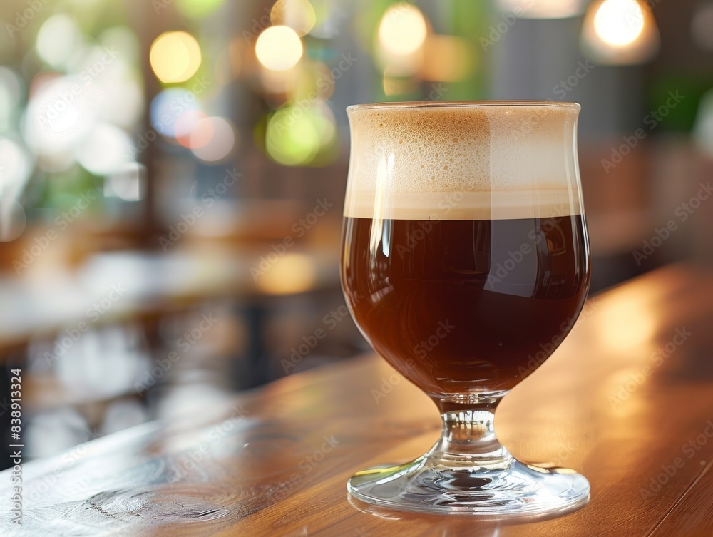 professionally photographed hot coffee served in a clear glass, showcasing the rich dark color of the coffee topped with a creamy froth.
