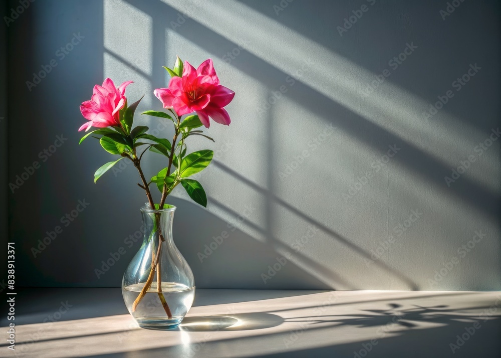 the simple beauty of a graceful flower in a transparent glass vase filters sunlight, casting dynamic shadows on a plain wall the simple beauty of a graceful flower in a transparent glass vase filters sunlight, casting dynamic shadows on a plain wall